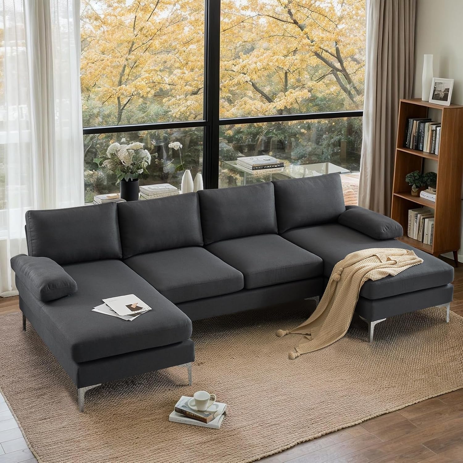 110" Modern U Shaped Sectional Couch with 51" D Double Chaise for Living Room, Grey Deep Seat Sectional Sofa Sets with 5.9" Thickness Seating Padding for Home Furniture,Linen Fabric,Metal Legs