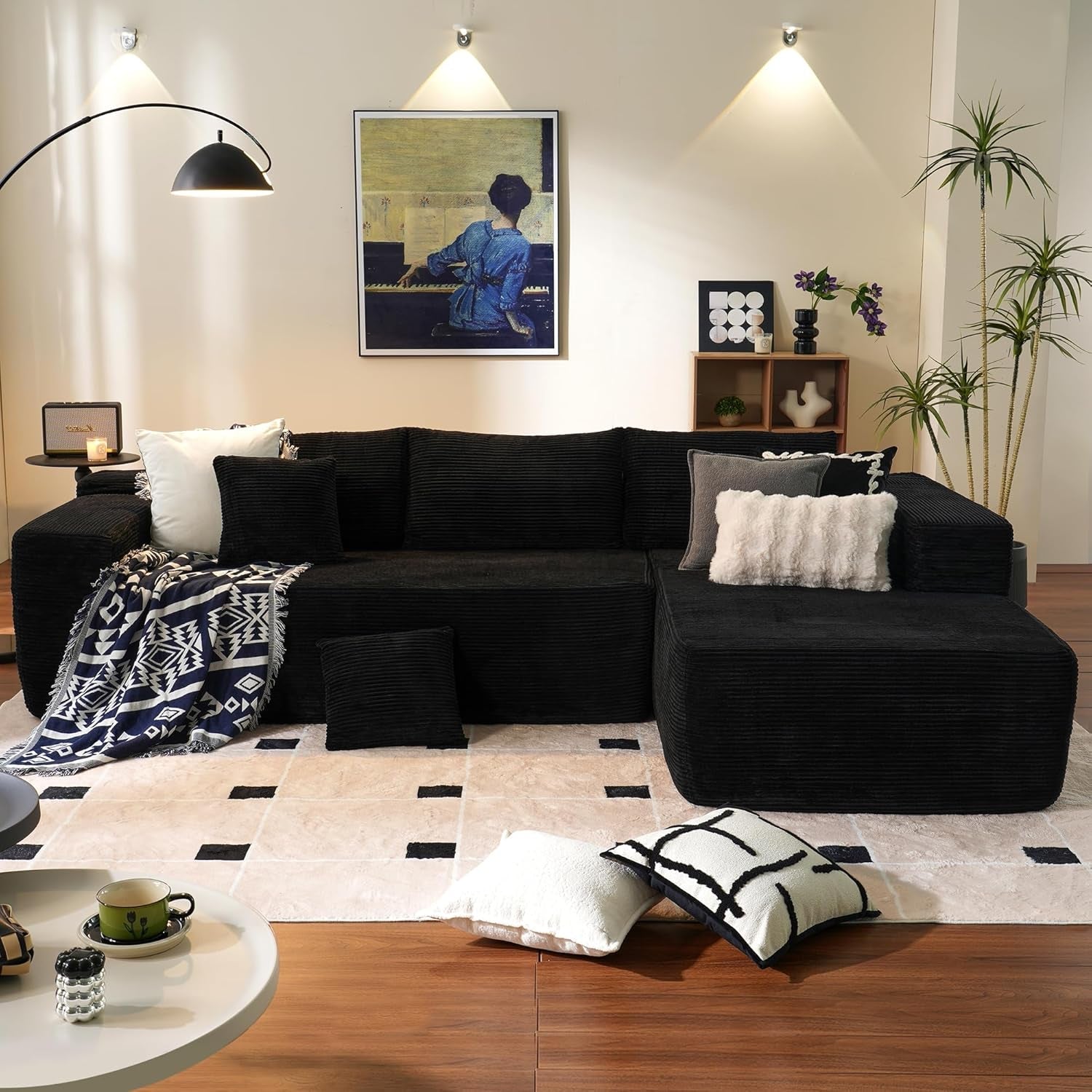 104" Cloud Sectionl Couch with L-Shpe Chise,Modern Modulr Sof with Deep Set, Upholstered Couches for Living Room Bedroom,No ssembly Required, Blck (Corduroy Fbric)