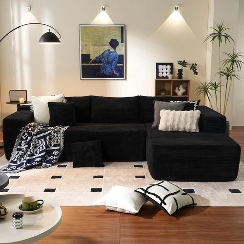 104" Cloud Sectionl Couch with L-Shpe Chise,Modern Modulr Sof with Deep Set, Upholstered Couches for Living Room Bedroom,No ssembly Required, Blck (Corduroy Fbric)