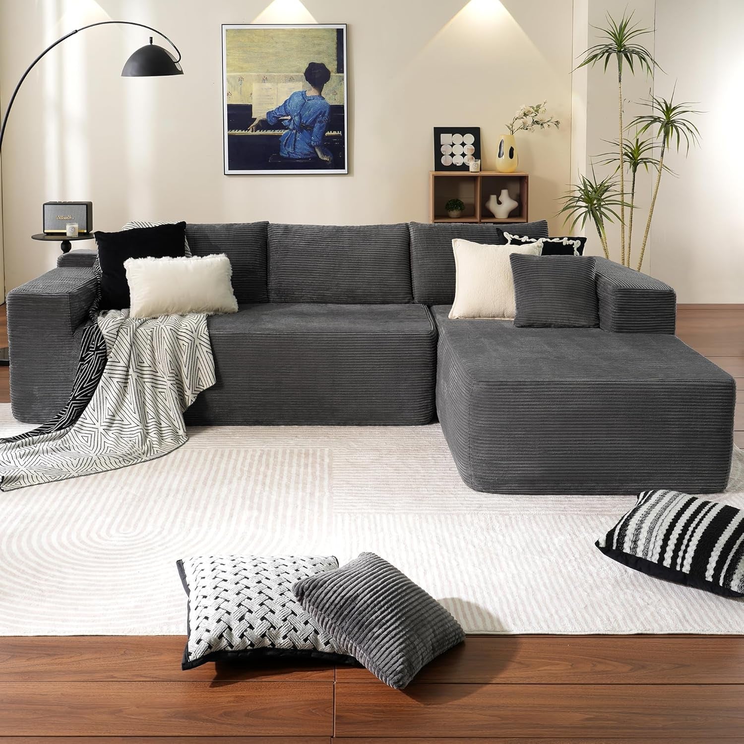 104" Cloud Sectionl Couch with L-Shpe Chise,Modern Modulr Sof with Deep Set, Upholstered Couches for Living Room Bedroom,No ssembly Required, Grey (Corduroy Fbric)
