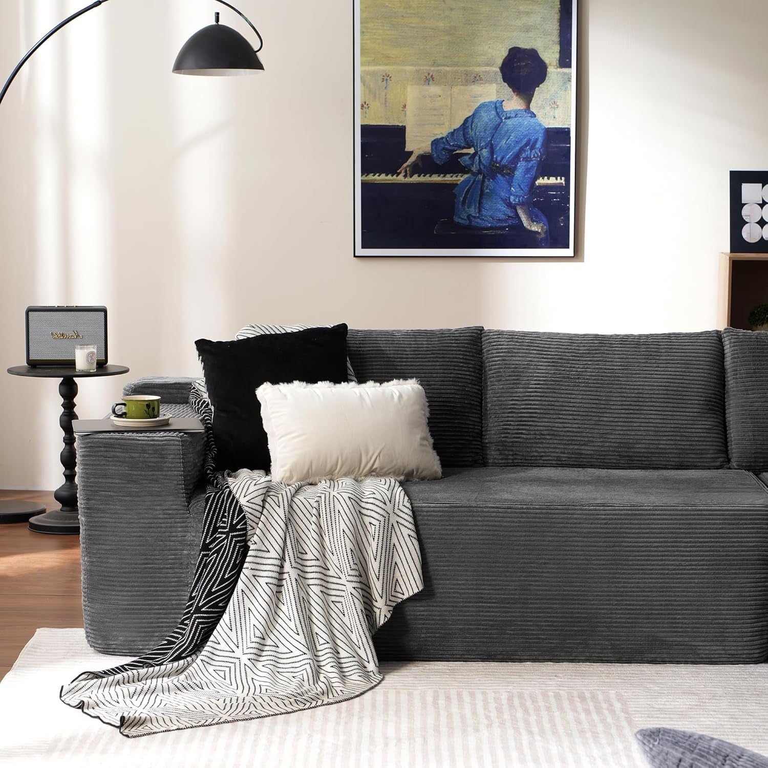 104" Cloud Sectionl Couch with L-Shpe Chise,Modern Modulr Sof with Deep Set, Upholstered Couches for Living Room Bedroom,No ssembly Required, Grey (Corduroy Fbric)
