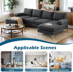 110" Modern U Shaped Sectional Couch with 51" D Double Chaise for Living Room, Grey Deep Seat Sectional Sofa Sets with 5.9" Thickness Seating Padding for Home Furniture,Linen Fabric,Metal Legs