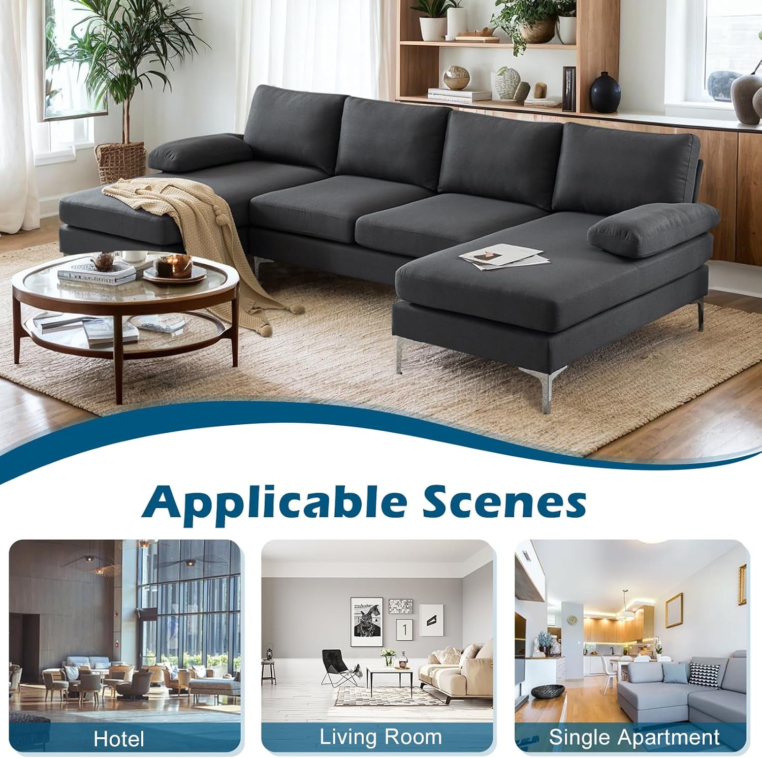 110" Modern U Shaped Sectional Couch with 51" D Double Chaise for Living Room, Grey Deep Seat Sectional Sofa Sets with 5.9" Thickness Seating Padding for Home Furniture,Linen Fabric,Metal Legs