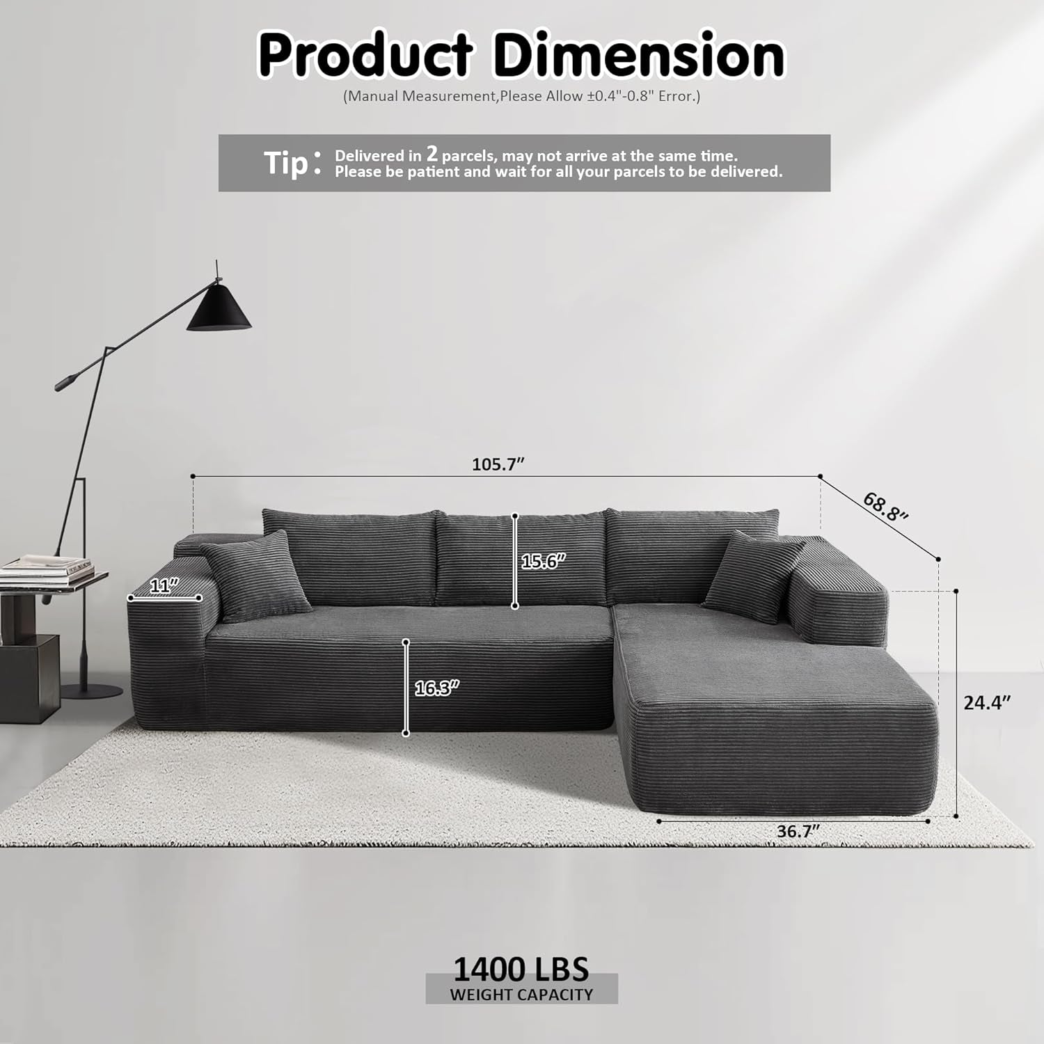 104" Cloud Sectionl Couch with L-Shpe Chise,Modern Modulr Sof with Deep Set, Upholstered Couches for Living Room Bedroom,No ssembly Required, Grey (Corduroy Fbric)