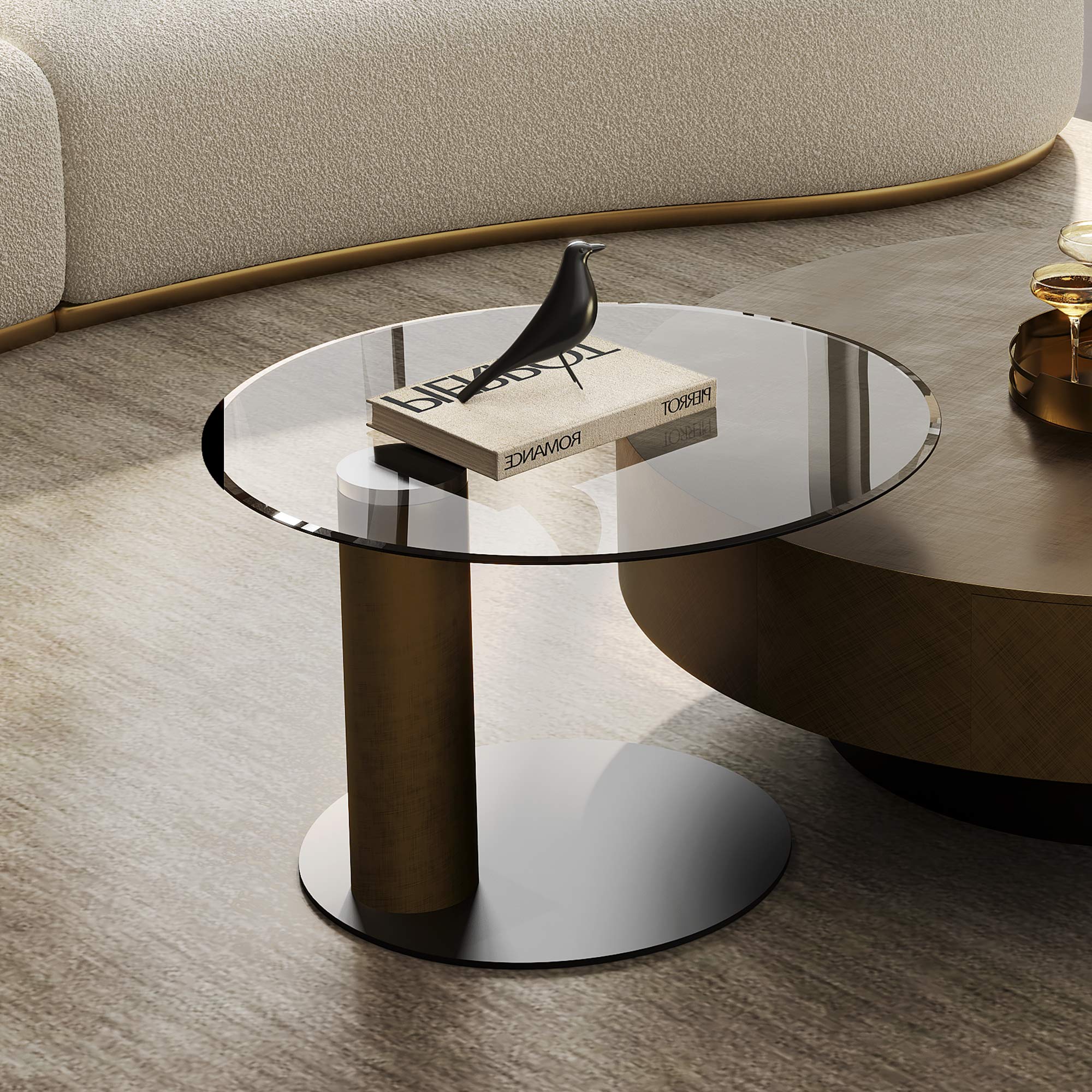 35" Brown Coffee Table with Glass Side Table