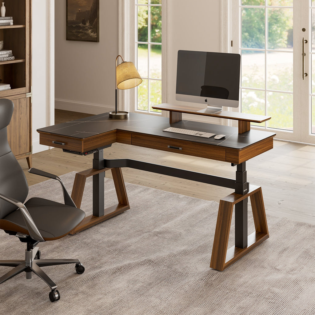 Ark L60, 63x23 L Shaped Executive Slate Standing Desk with Two-Drawer