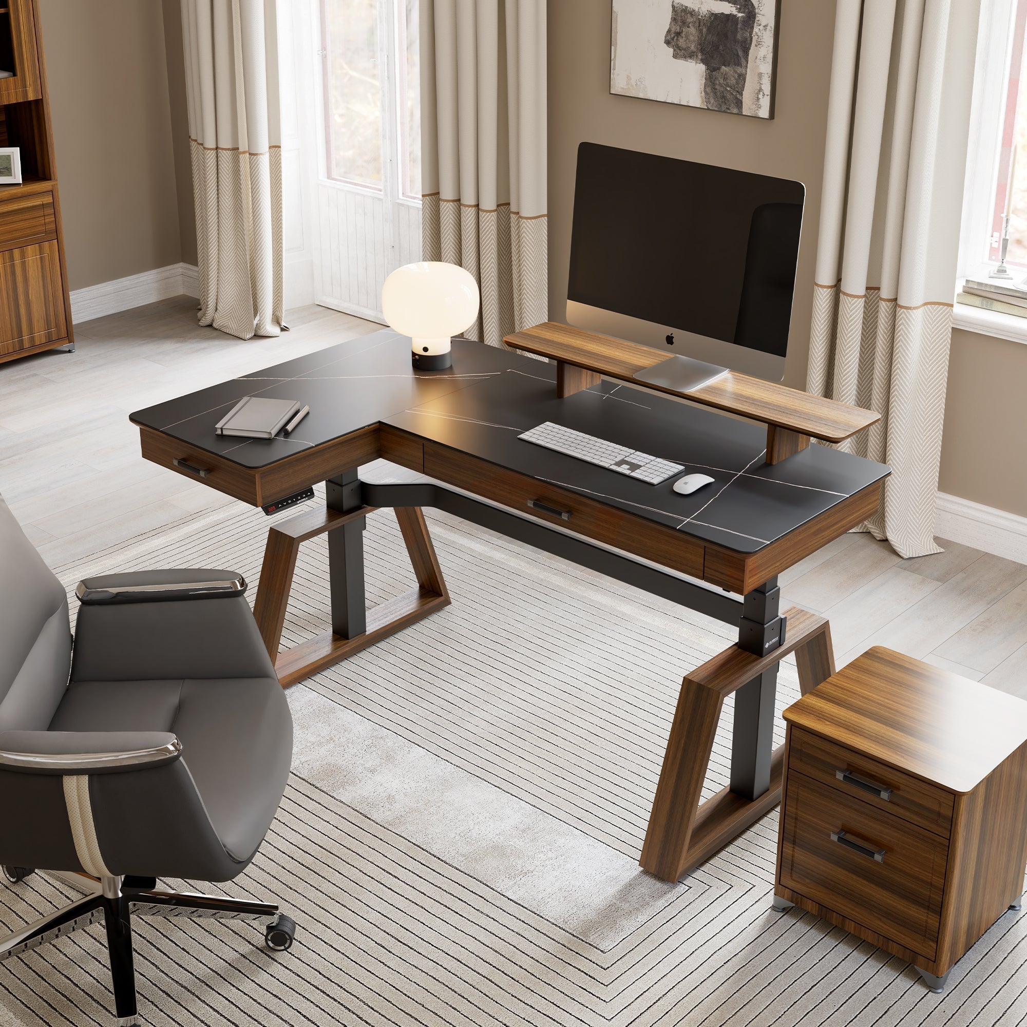 Ark L60, 63x23 L Shaped Executive Slate Standing Desk with Two-Drawer