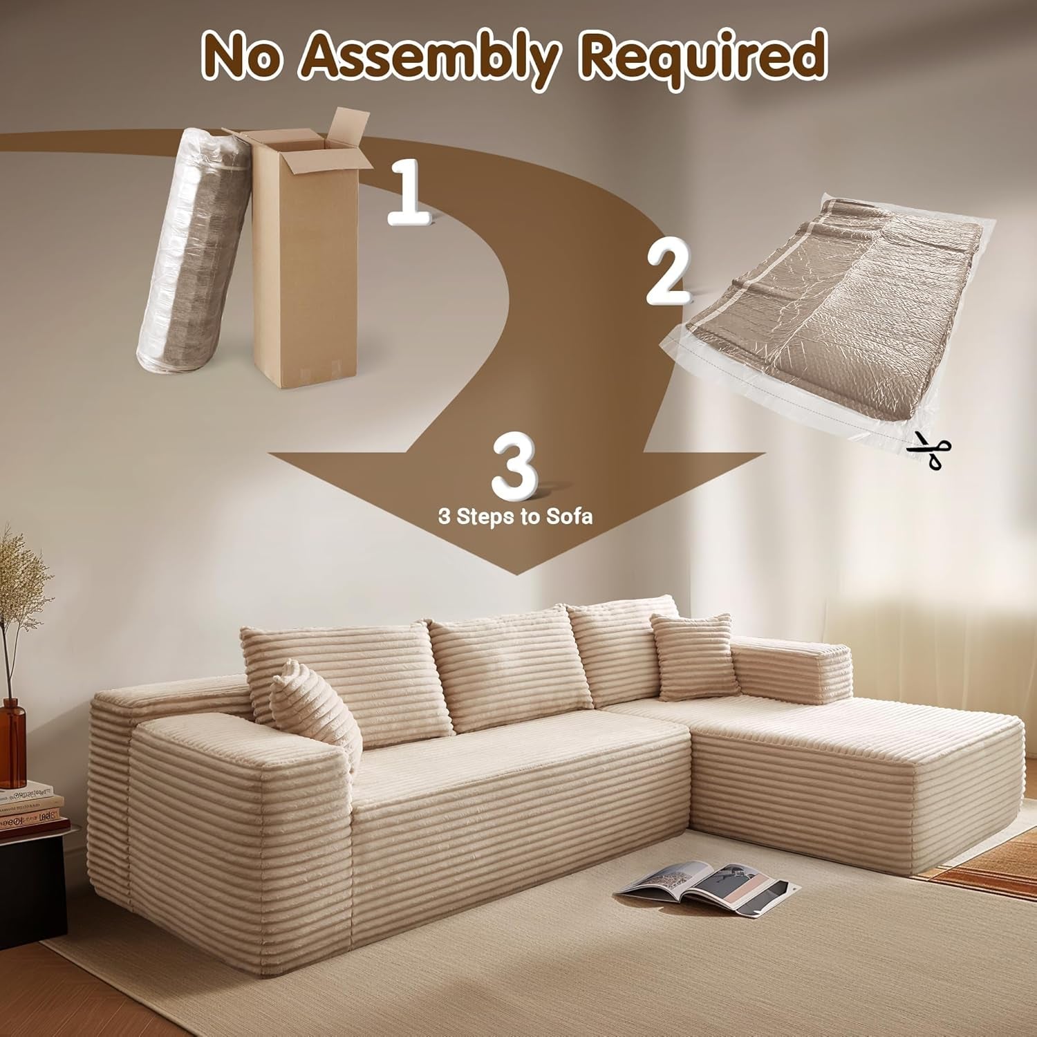 104" Cloud Sectionl Couch with L-Shpe Chise,Modern Modulr Sof with Deep Set, Upholstered Couches for Living Room Bedroom,No ssembly Required, Beige (Plush Corduroy Fbric)