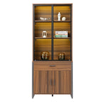 77'' Display Bookshelf with Glass Door and Storage Cabinets, Walnut