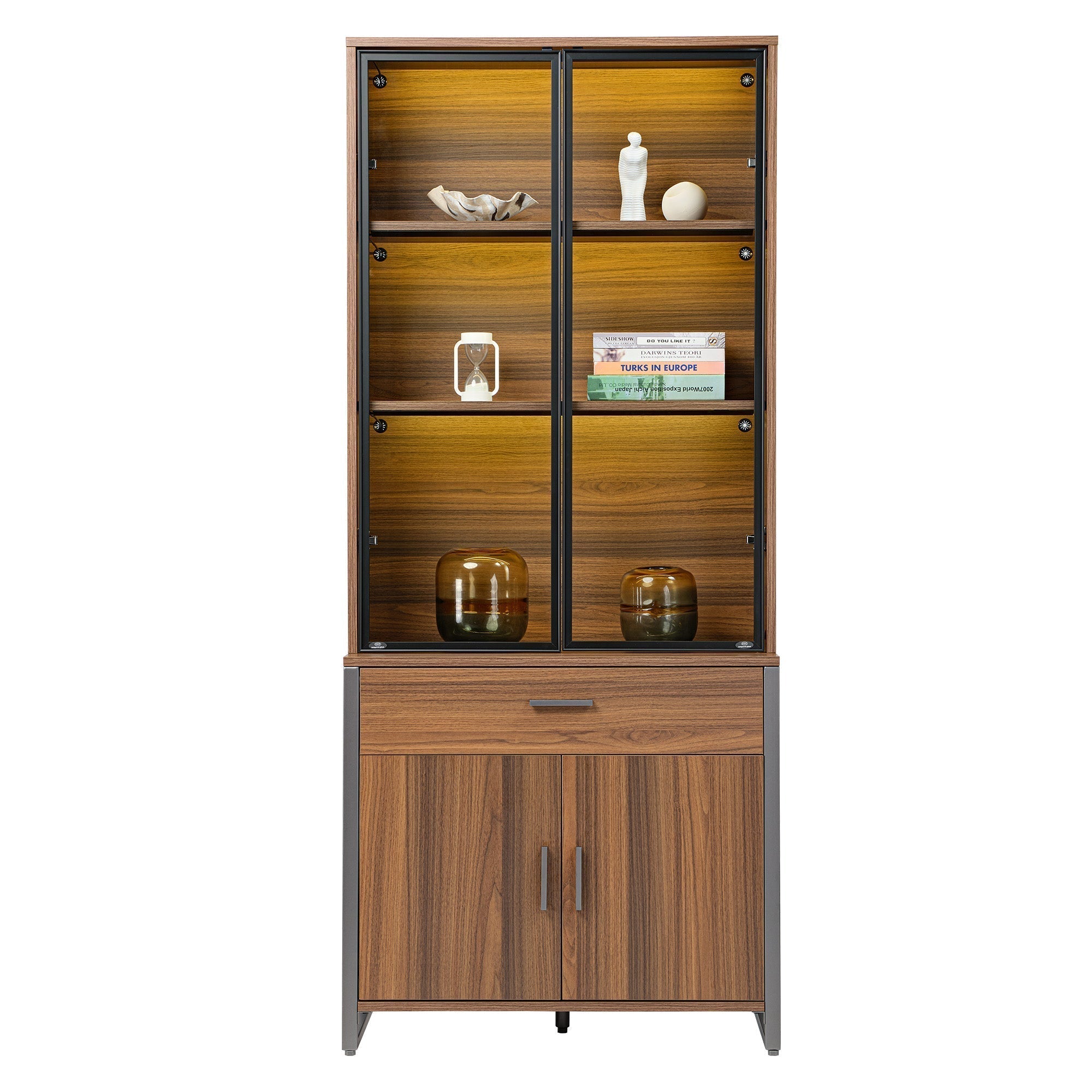 77'' Display Bookshelf with Glass Door and Storage Cabinets, Walnut