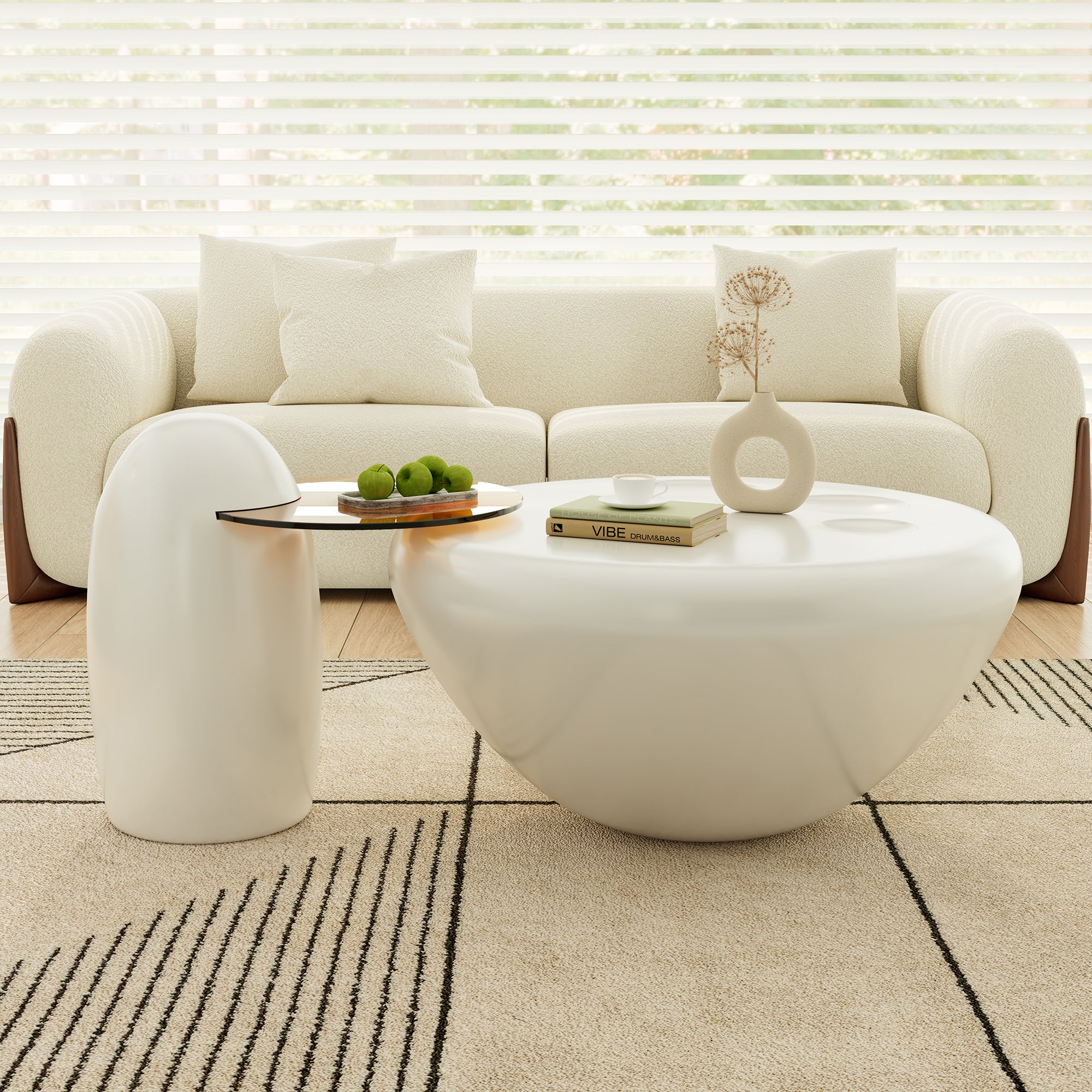 33" White Cat Claw Round Coffee Table With Penguin Side Table Set
