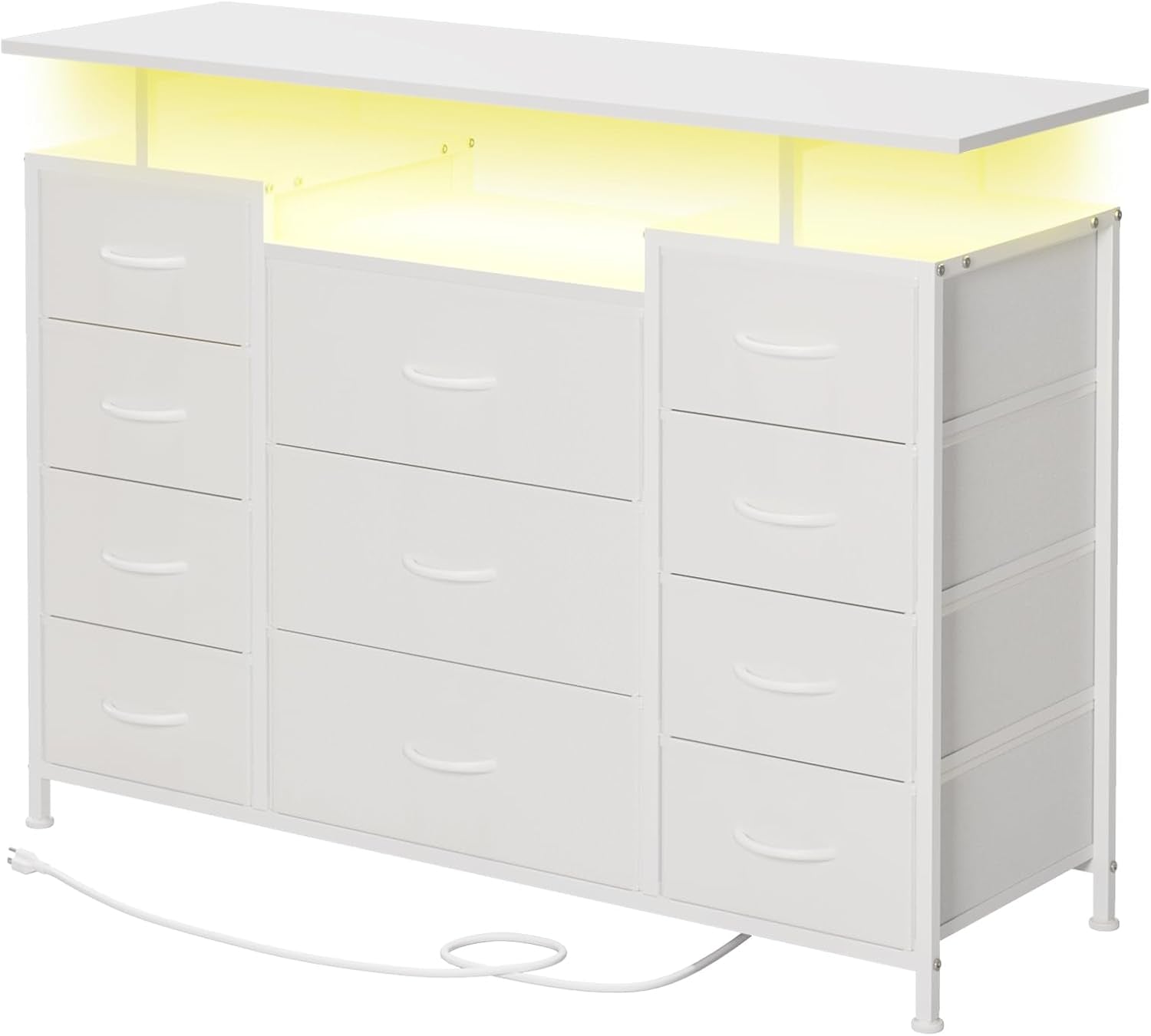 11 Drawers Dresser with Fabric Drawers,Charging Station, LED Lights and Shelves for Bedroom Storage Organization