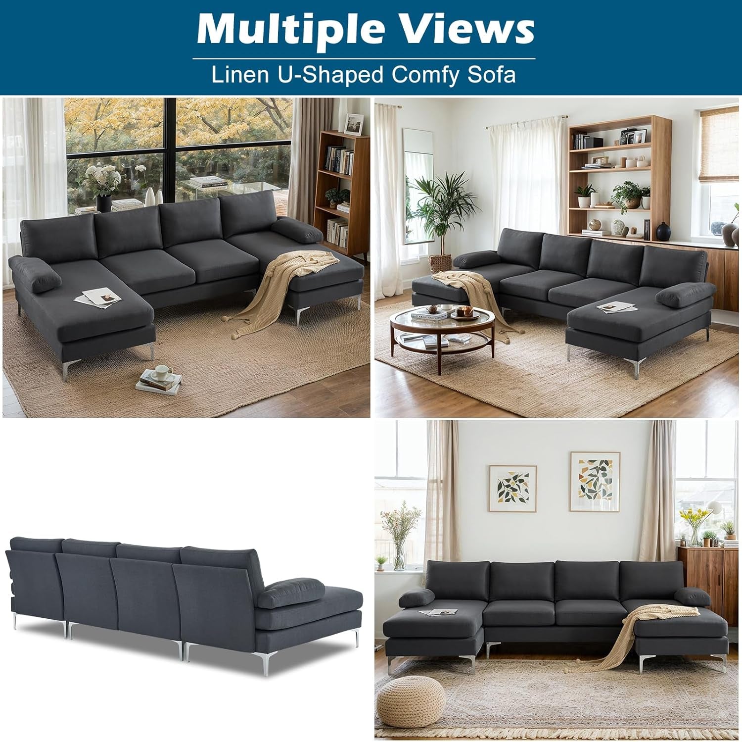 110" Modern U Shaped Sectional Couch with 51" D Double Chaise for Living Room, Grey Deep Seat Sectional Sofa Sets with 5.9" Thickness Seating Padding for Home Furniture,Linen Fabric,Metal Legs