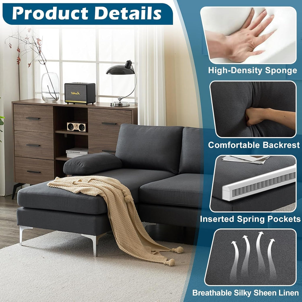 110" Modern U Shaped Sectional Couch with 51" D Double Chaise for Living Room, Grey Deep Seat Sectional Sofa Sets with 5.9" Thickness Seating Padding for Home Furniture,Linen Fabric,Metal Legs