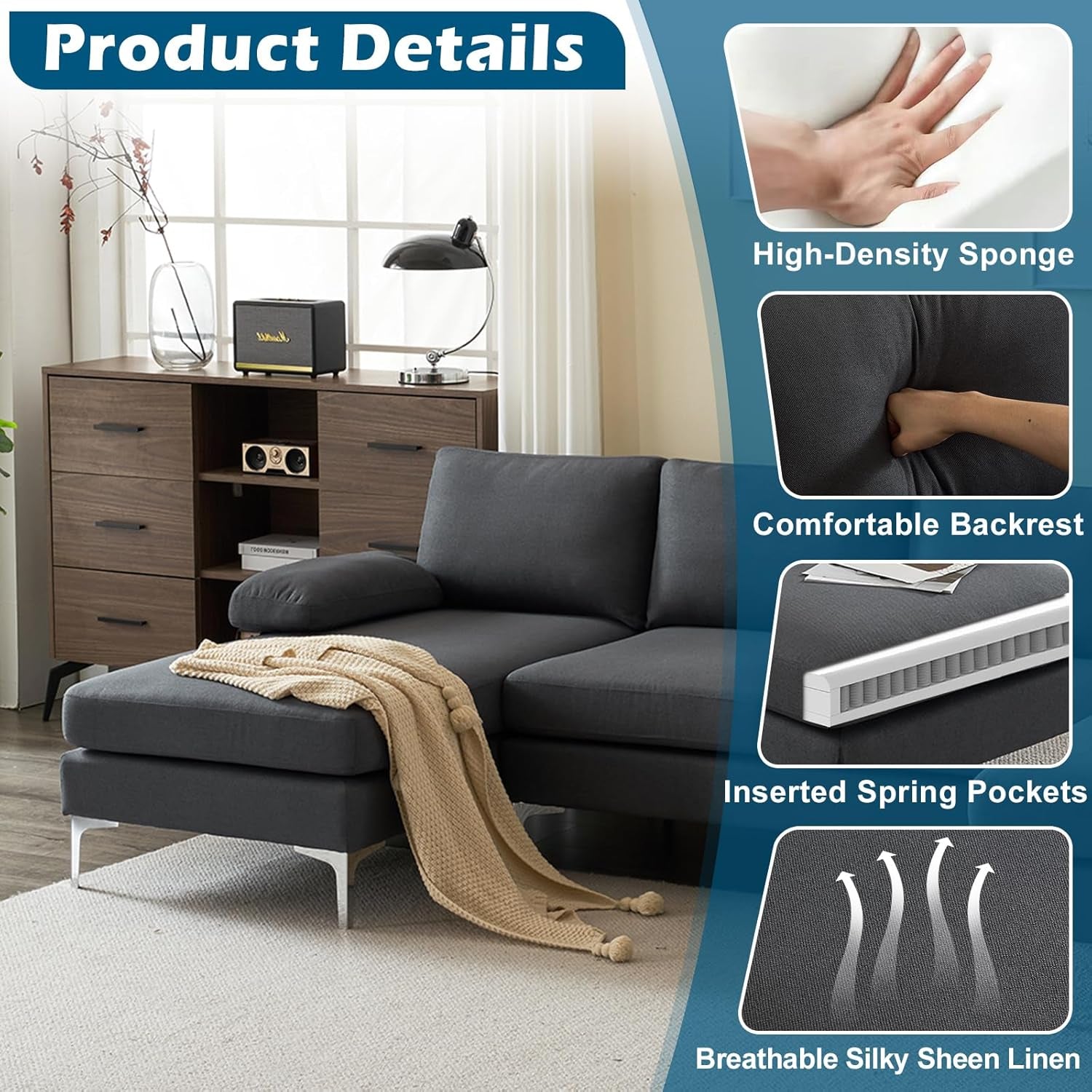 110" Modern U Shaped Sectional Couch with 51" D Double Chaise for Living Room, Grey Deep Seat Sectional Sofa Sets with 5.9" Thickness Seating Padding for Home Furniture,Linen Fabric,Metal Legs
