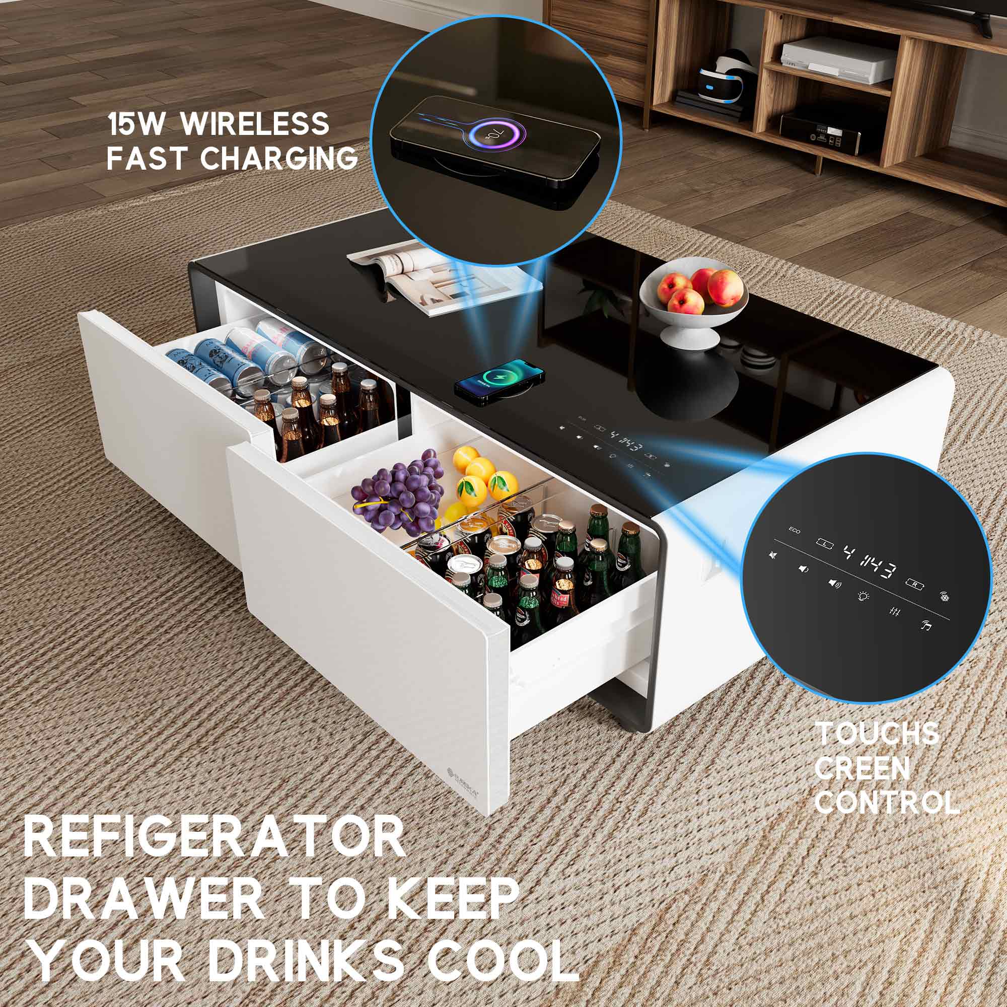 51" Smart Coffee Table with Fridge and Bluetooth Speakers