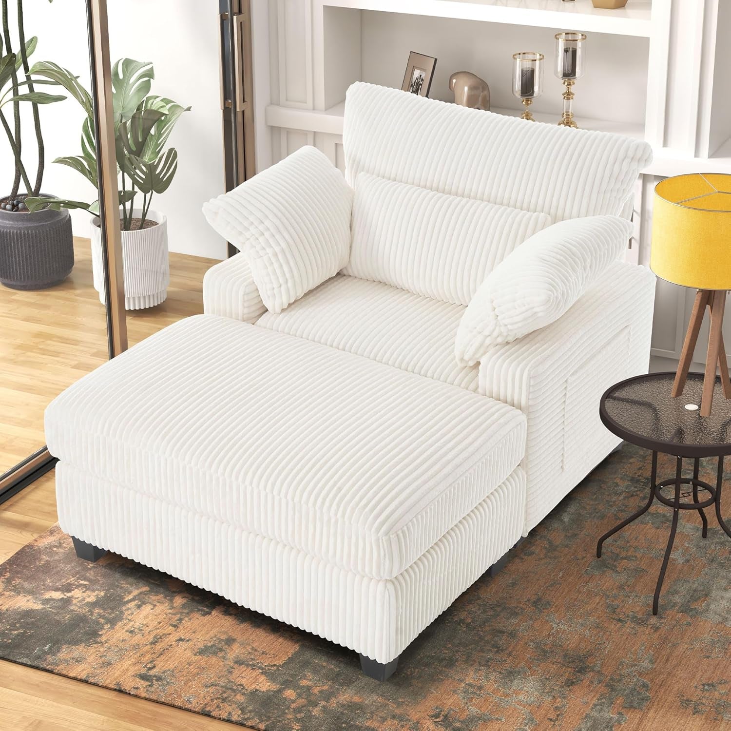 Chaise Lounge Chair Indoor with Ottoman, 57.52 "D Oversized Sleeper Chair, Corduroy Upholstered Comfy Sofa for Bedroom, Living Room, Office(Beige)
