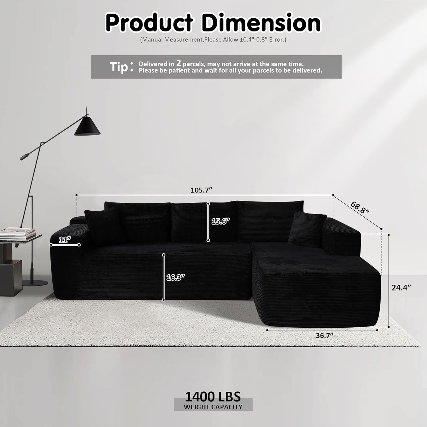 104" Cloud Sectionl Couch with L-Shpe Chise,Modern Modulr Sof with Deep Set, Upholstered Couches for Living Room Bedroom,No ssembly Required, Blck (Corduroy Fbric)