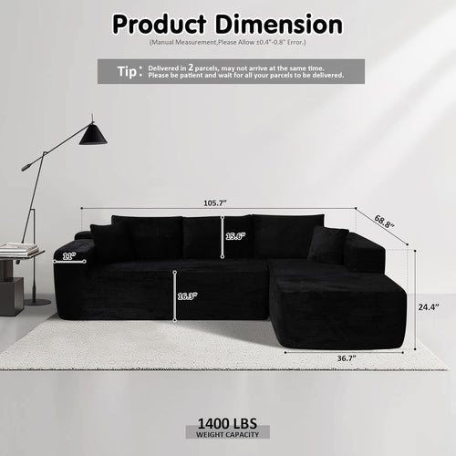 104" Cloud Sectionl Couch with L-Shpe Chise,Modern Modulr Sof with Deep Set, Upholstered Couches for Living Room Bedroom,No ssembly Required, Blck (Corduroy Fbric)