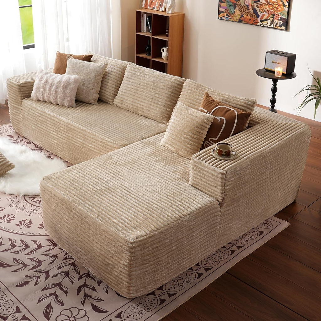 104" Cloud Sectionl Couch with L-Shpe Chise,Modern Modulr Sof with Deep Set, Upholstered Couches for Living Room Bedroom,No ssembly Required, Beige (Plush Corduroy Fbric)