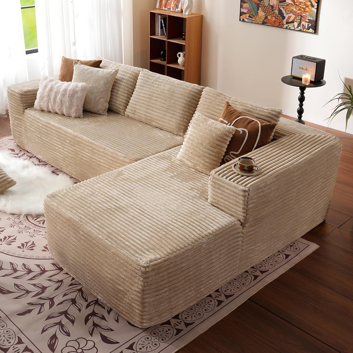 104" Cloud Sectionl Couch with L-Shpe Chise,Modern Modulr Sof with Deep Set, Upholstered Couches for Living Room Bedroom,No ssembly Required, Beige (Plush Corduroy Fbric)