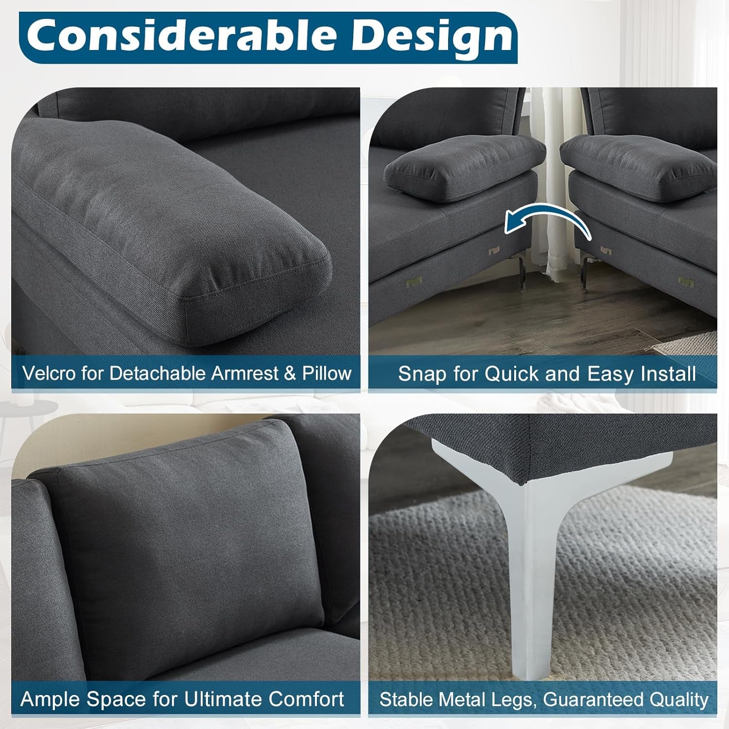 110" Modern U Shaped Sectional Couch with 51" D Double Chaise for Living Room, Grey Deep Seat Sectional Sofa Sets with 5.9" Thickness Seating Padding for Home Furniture,Linen Fabric,Metal Legs