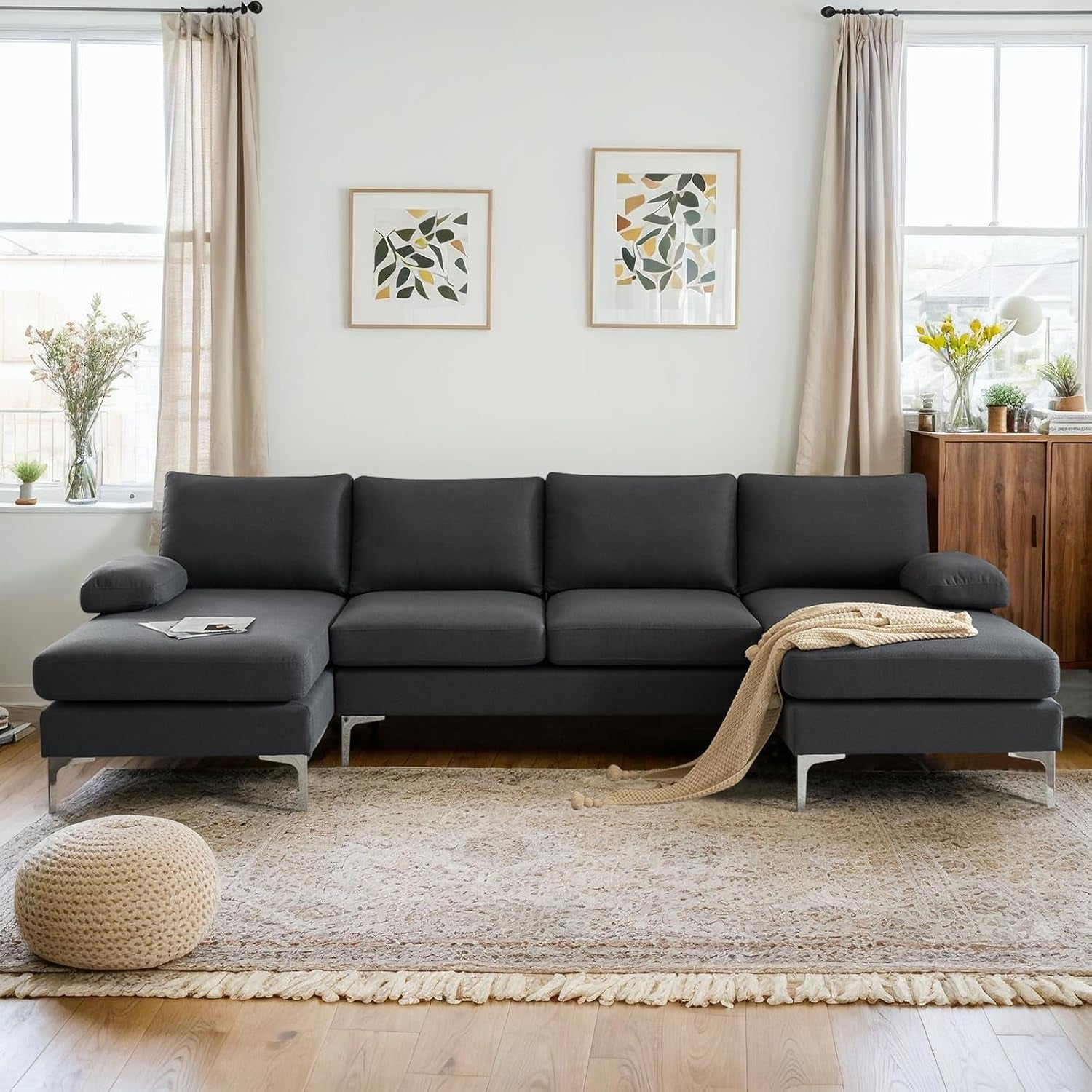 110" Modern U Shaped Sectional Couch with 51" D Double Chaise for Living Room, Grey Deep Seat Sectional Sofa Sets with 5.9" Thickness Seating Padding for Home Furniture,Linen Fabric,Metal Legs