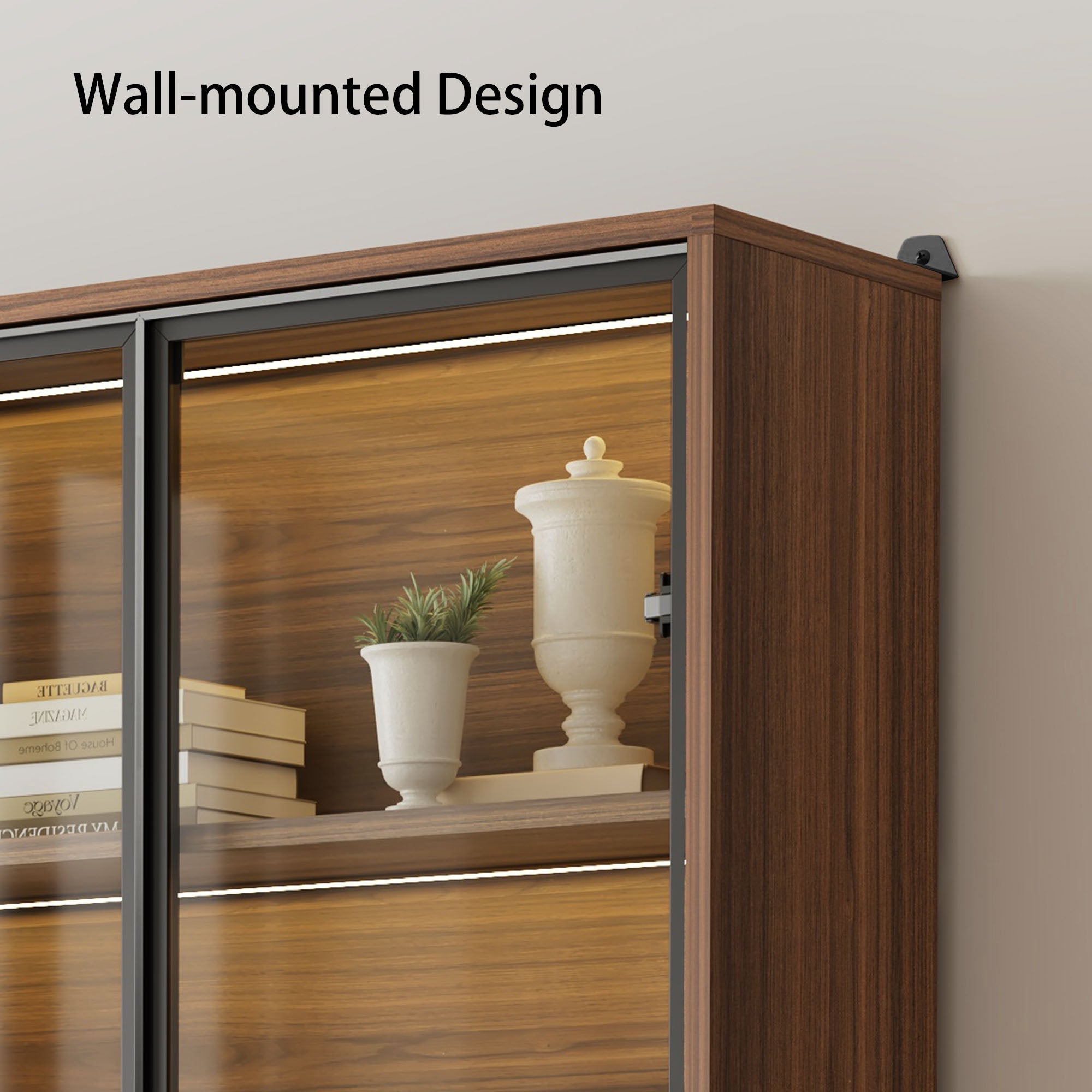 77'' Display Bookshelf with Glass Door and Storage Cabinets, Walnut
