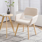 Desk Chair No Wheels Vanity Chair Makeup Chair Comfy Accent Chair for Living Dining Room Bedroom Home Office Mid Century Modern Upholstered Arm Chair Sofa Chair (Beige, 1)-3