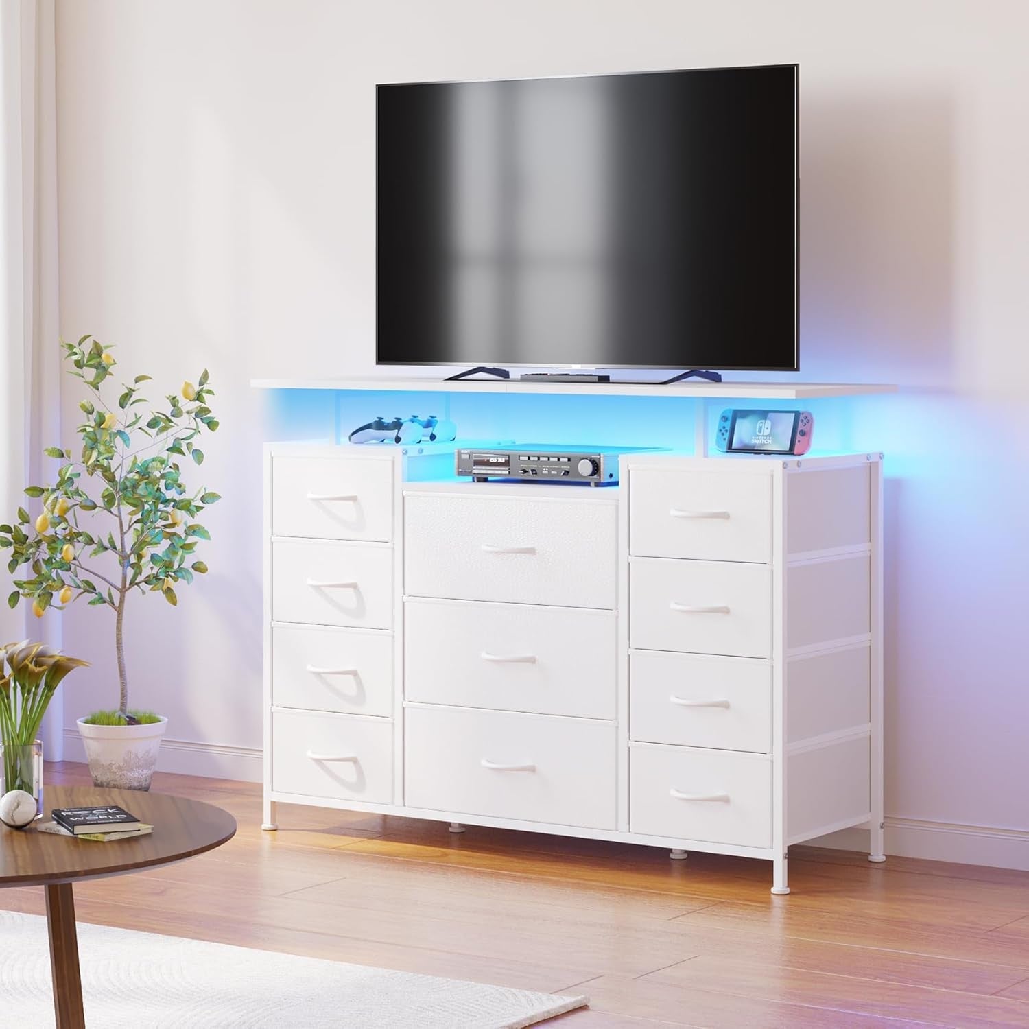 11 Drawers Dresser with Fabric Drawers,Charging Station, LED Lights and Shelves for Bedroom Storage Organization