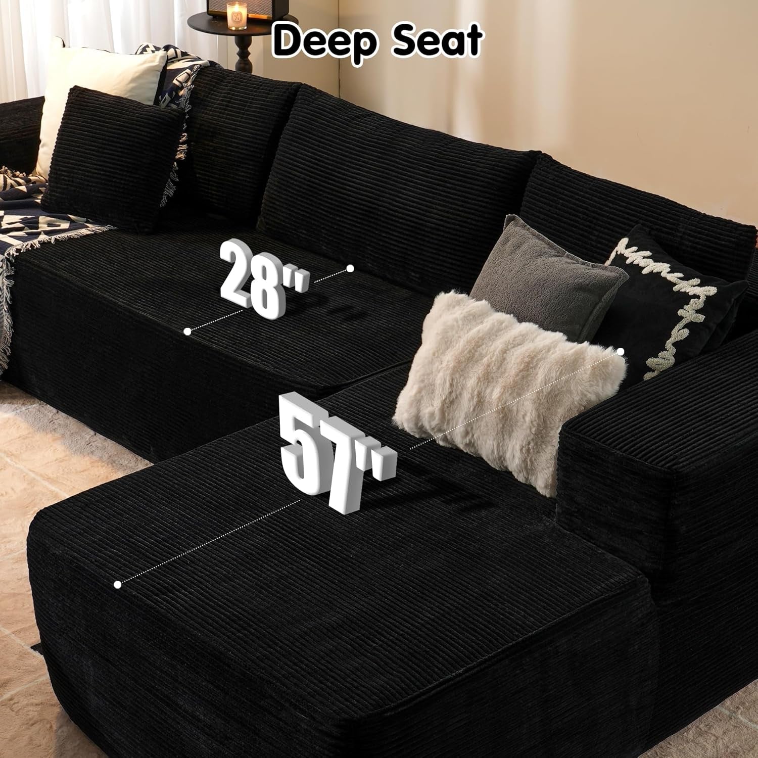 104" Cloud Sectionl Couch with L-Shpe Chise,Modern Modulr Sof with Deep Set, Upholstered Couches for Living Room Bedroom,No ssembly Required, Blck (Corduroy Fbric)