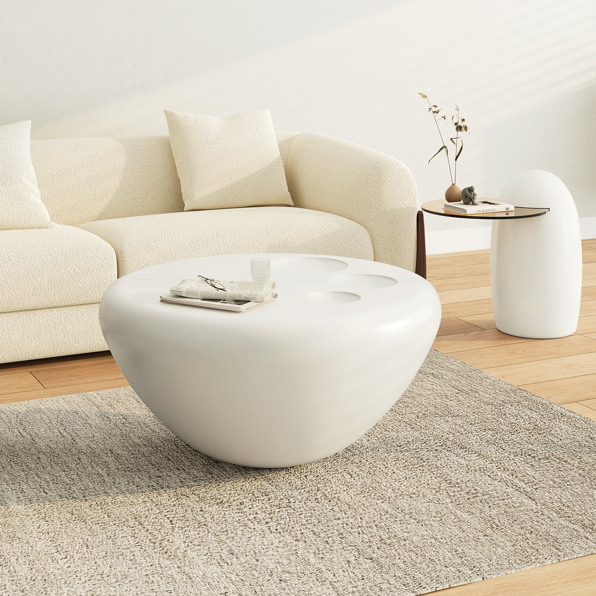 33" White Cat Claw Round Coffee Table With Penguin Side Table Set
