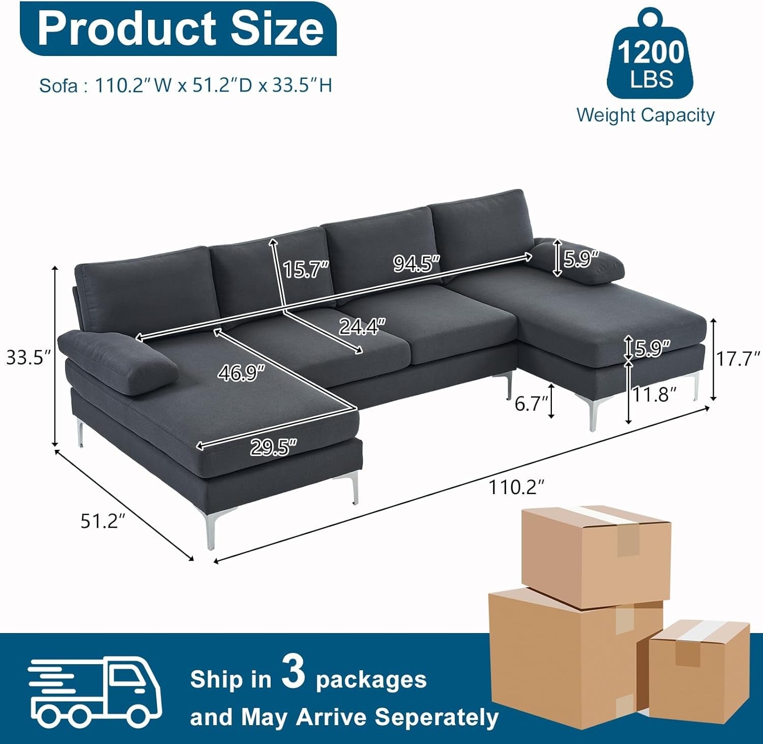 110" Modern U Shaped Sectional Couch with 51" D Double Chaise for Living Room, Grey Deep Seat Sectional Sofa Sets with 5.9" Thickness Seating Padding for Home Furniture,Linen Fabric,Metal Legs