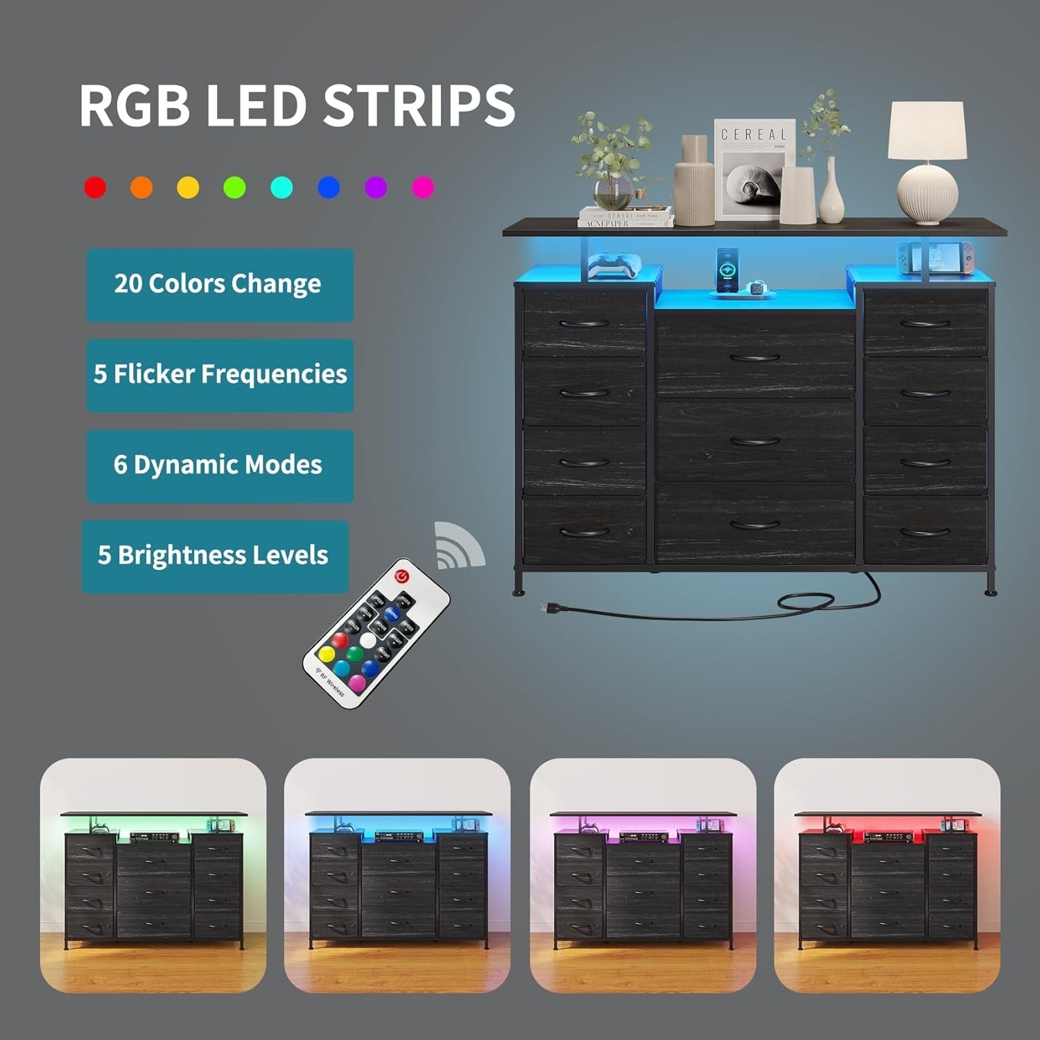 11 Drawers Dresser with Fabric Drawers,Charging Station, LED Lights and Shelves for Bedroom, Living Room, Hallway, Nursery Storage Organization (Black Wood Veins)