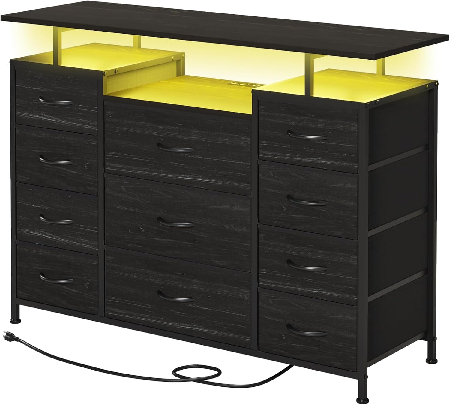 11 Drawers Dresser with Fabric Drawers,Charging Station, LED Lights and Shelves for Bedroom, Living Room, Hallway, Nursery Storage Organization (Black Wood Veins)