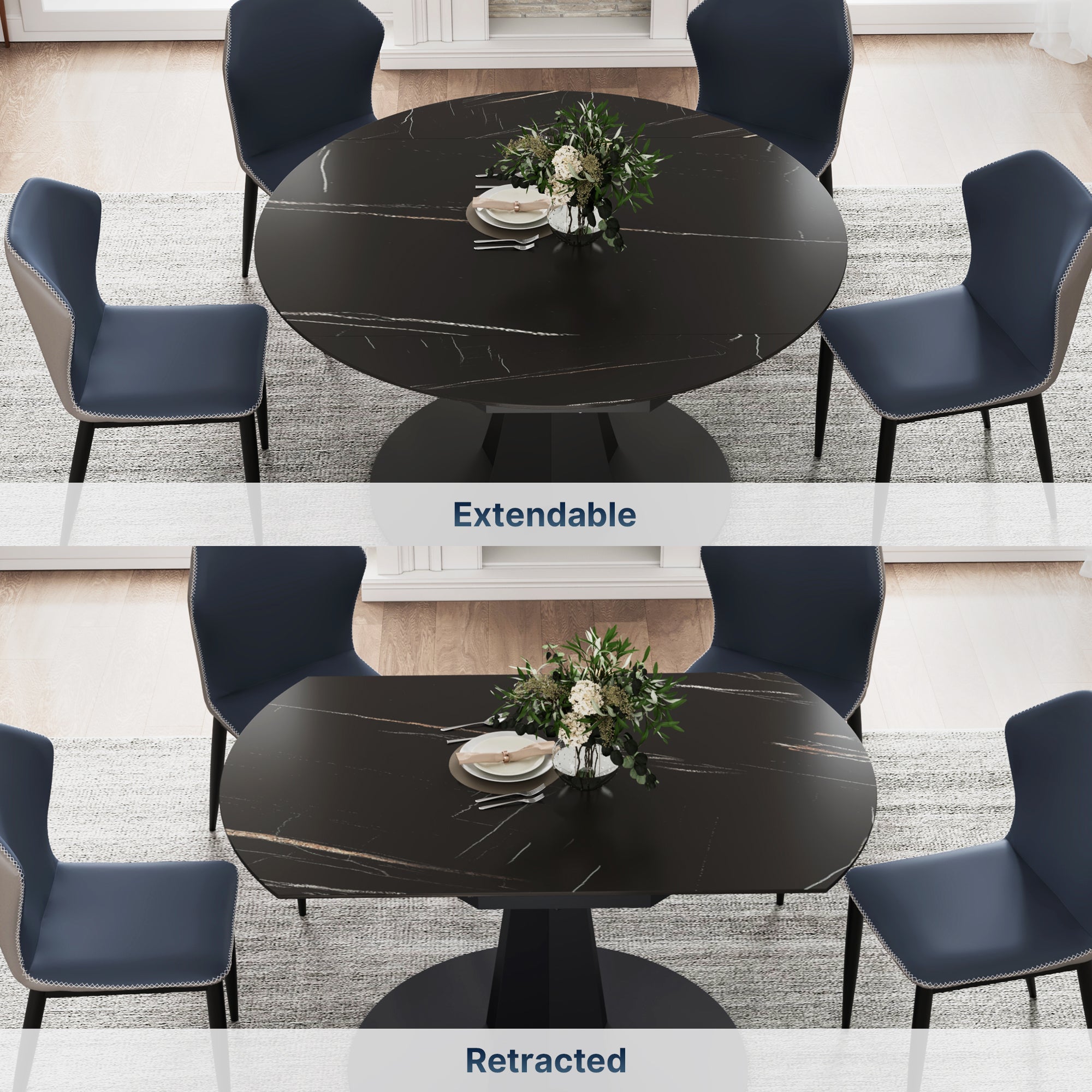 53" Round Extending Dining Table with Black Base