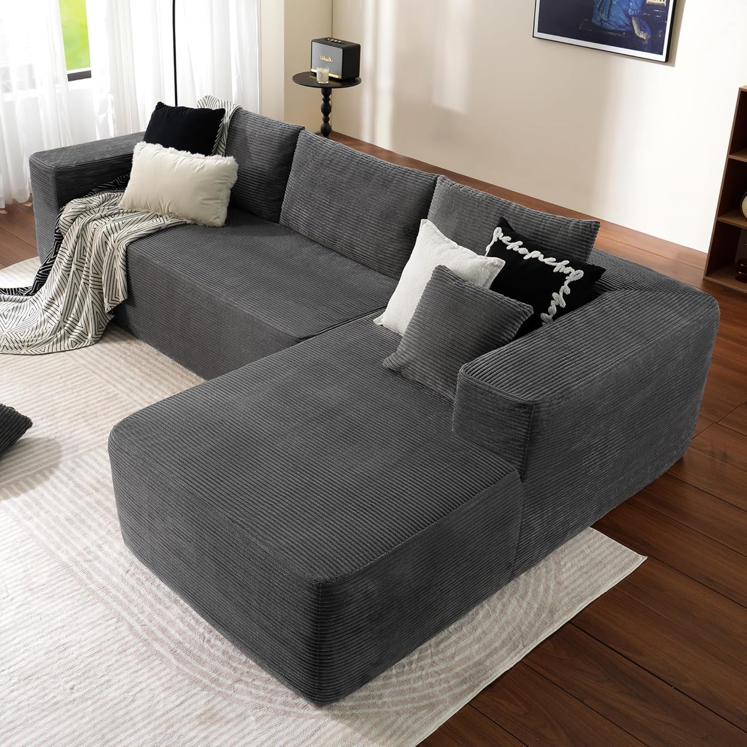 104" Cloud Sectionl Couch with L-Shpe Chise,Modern Modulr Sof with Deep Set, Upholstered Couches for Living Room Bedroom,No ssembly Required, Grey (Corduroy Fbric)