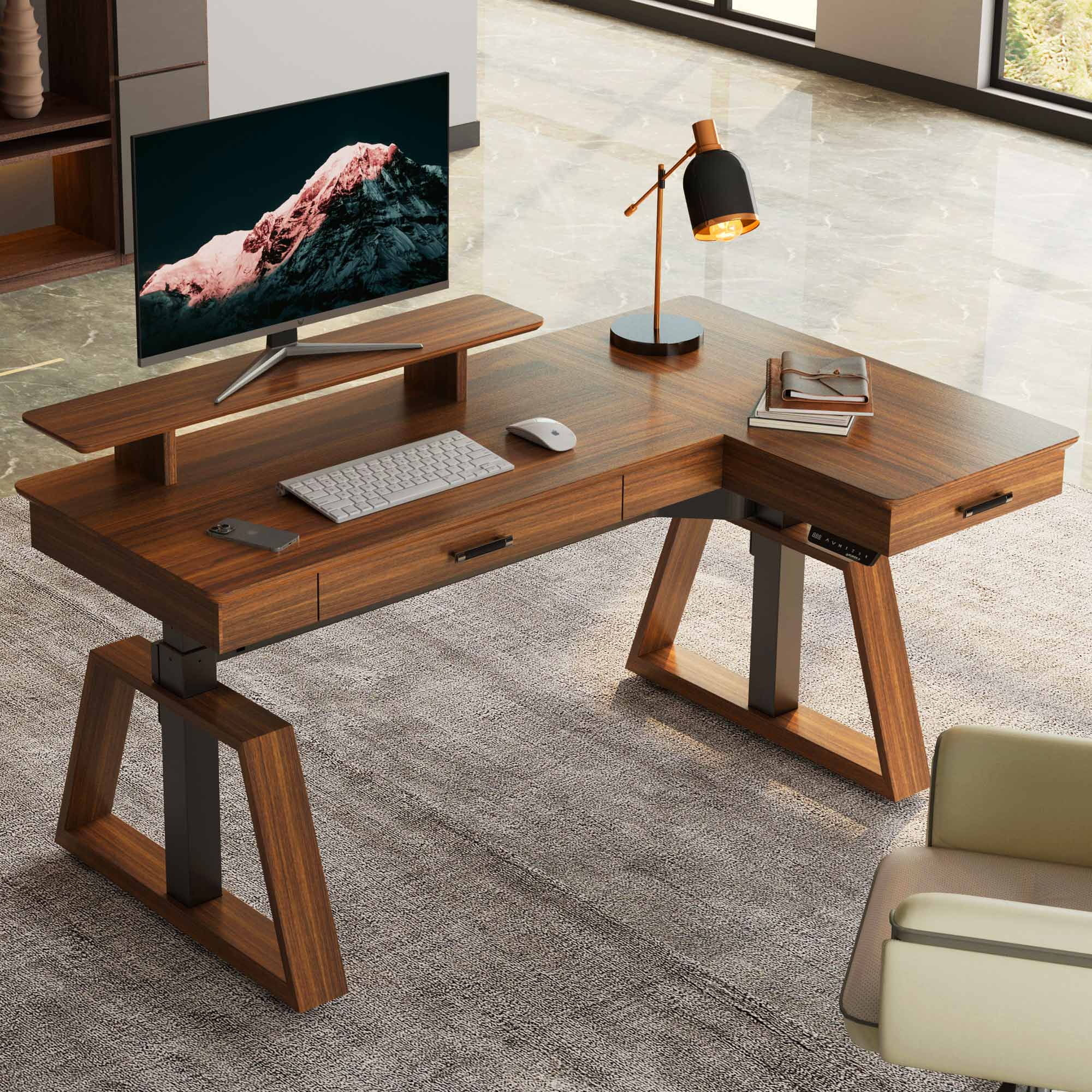 Ark L60, 63x23 L Shaped Executive Standing Desk with Two-Drawer