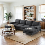 110" Modern U Shaped Sectional Couch with 51" D Double Chaise for Living Room, Grey Deep Seat Sectional Sofa Sets with 5.9" Thickness Seating Padding for Home Furniture,Linen Fabric,Metal Legs
