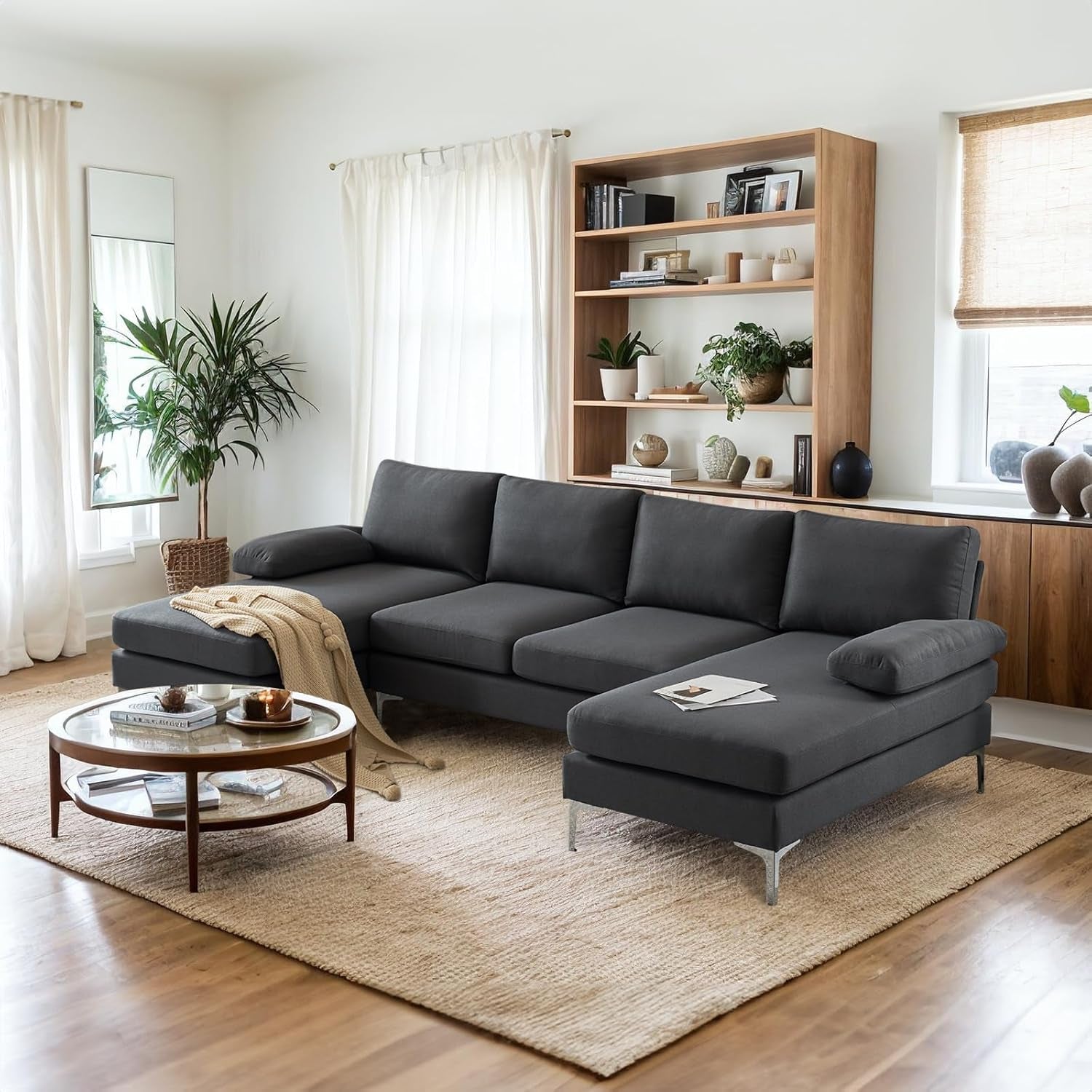 110" Modern U Shaped Sectional Couch with 51" D Double Chaise for Living Room, Grey Deep Seat Sectional Sofa Sets with 5.9" Thickness Seating Padding for Home Furniture,Linen Fabric,Metal Legs