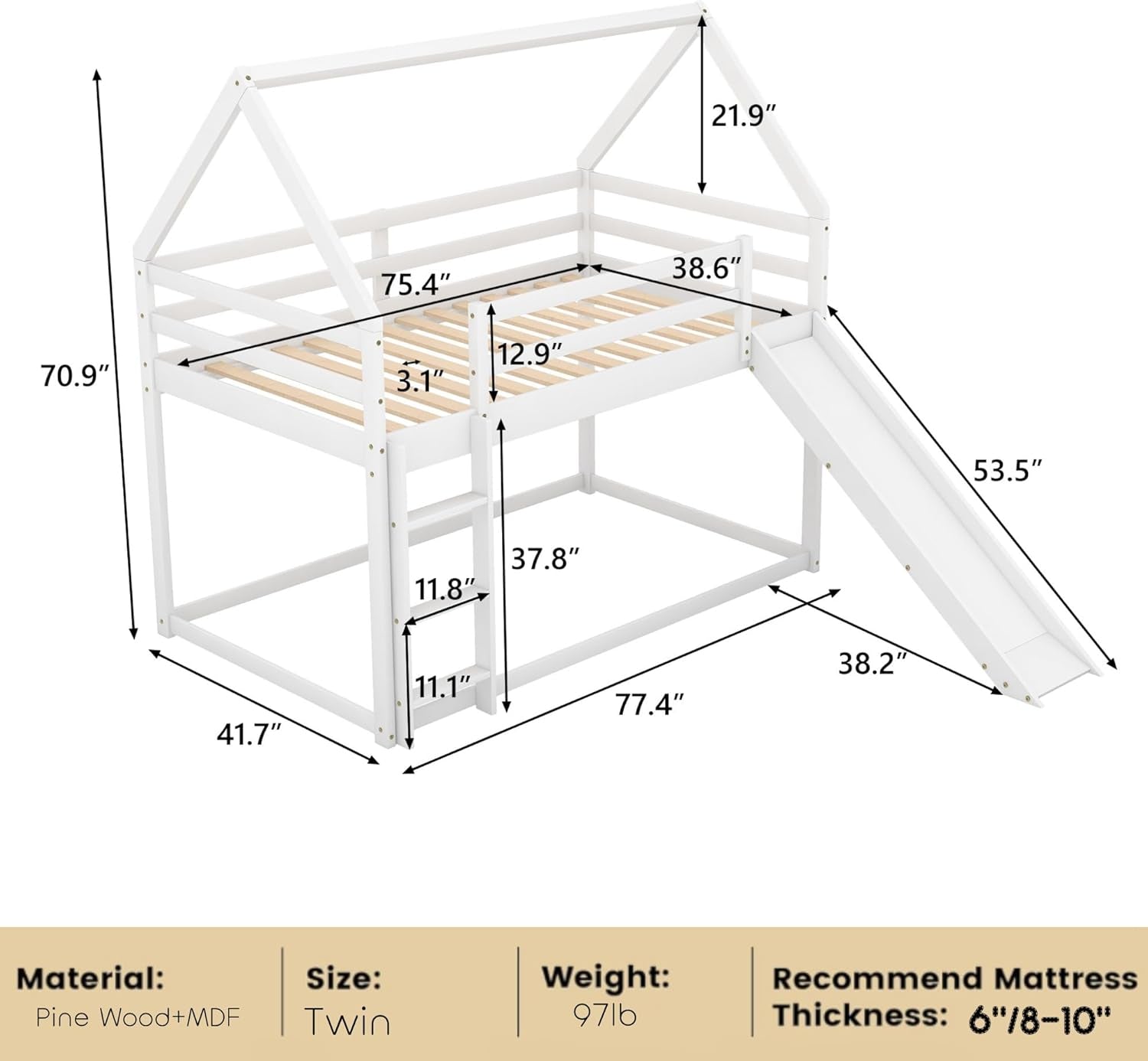 Twin Bunk Beds for Kids,Wood House Bunk Bed Twin over Twin,Kids Bunk Bed with Slide and Roof for Girls Boys,White-1