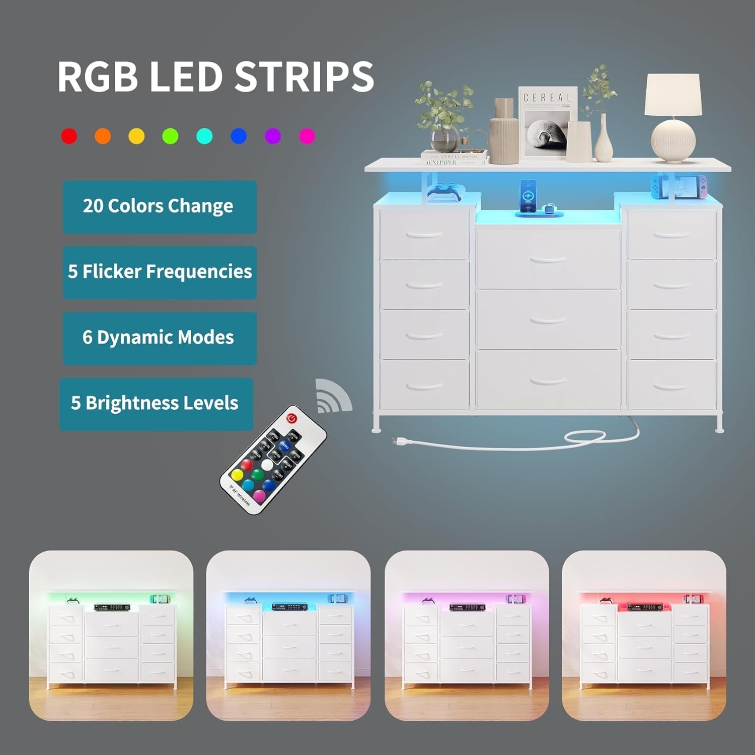 11 Drawers Dresser with Fabric Drawers,Charging Station, LED Lights and Shelves for Bedroom Storage Organization