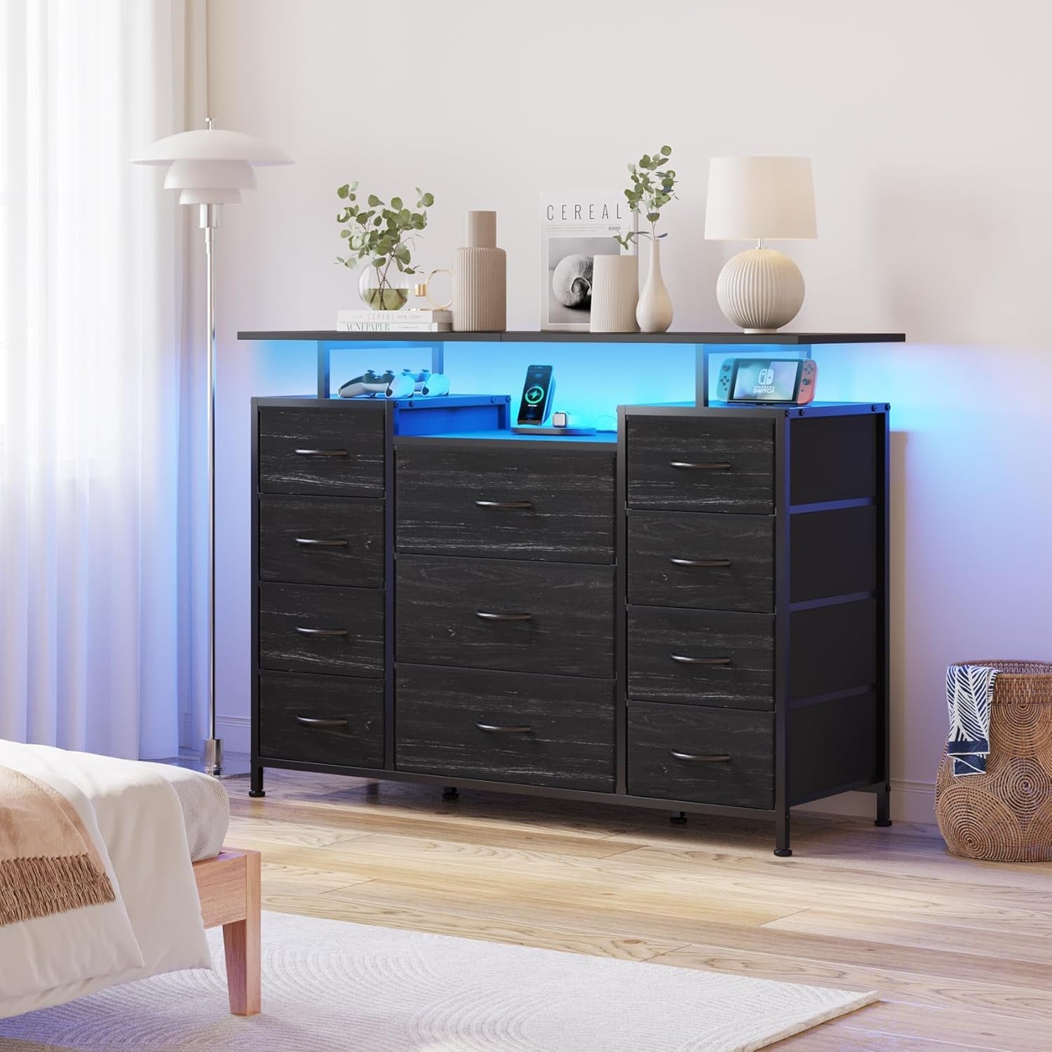 11 Drawers Dresser with Fabric Drawers,Charging Station, LED Lights and Shelves for Bedroom, Living Room, Hallway, Nursery Storage Organization (Black Wood Veins)