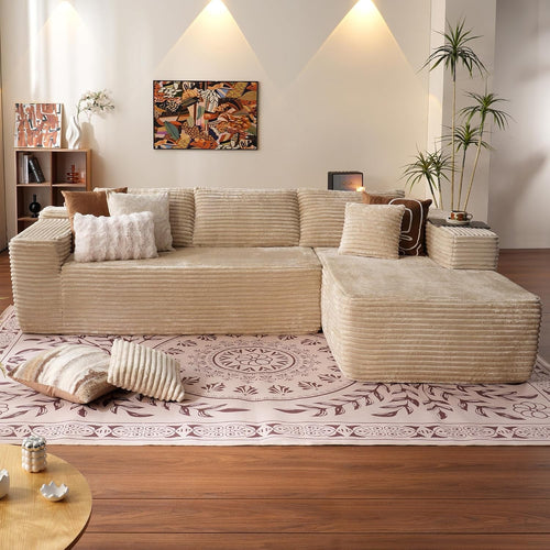 104" Cloud Sectionl Couch with L-Shpe Chise,Modern Modulr Sof with Deep Set, Upholstered Couches for Living Room Bedroom,No ssembly Required, Beige (Plush Corduroy Fbric)