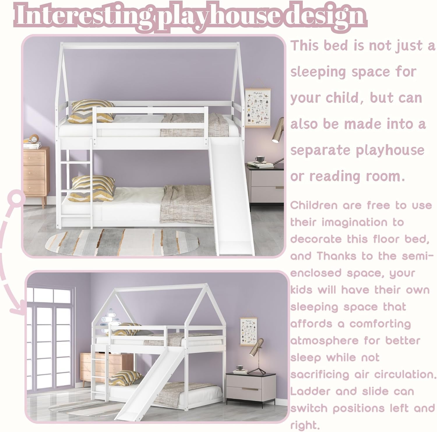 Twin Bunk Beds for Kids,Wood House Bunk Bed Twin over Twin,Kids Bunk Bed with Slide and Roof for Girls Boys,White-3
