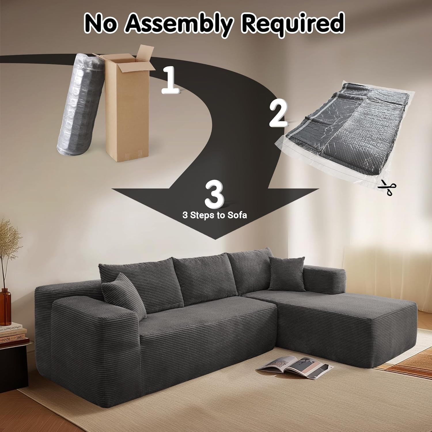 104" Cloud Sectionl Couch with L-Shpe Chise,Modern Modulr Sof with Deep Set, Upholstered Couches for Living Room Bedroom,No ssembly Required, Grey (Corduroy Fbric)