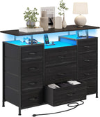 11 Drawers Dresser with Fabric Drawers,Charging Station, LED Lights and Shelves for Bedroom, Living Room, Hallway, Nursery Storage Organization (Black Wood Veins)