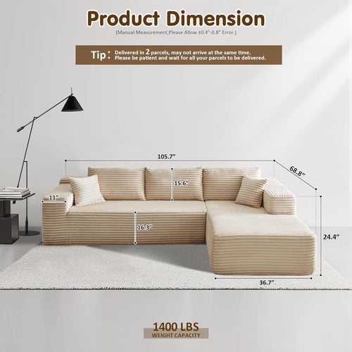 104" Cloud Sectionl Couch with L-Shpe Chise,Modern Modulr Sof with Deep Set, Upholstered Couches for Living Room Bedroom,No ssembly Required, Beige (Plush Corduroy Fbric)