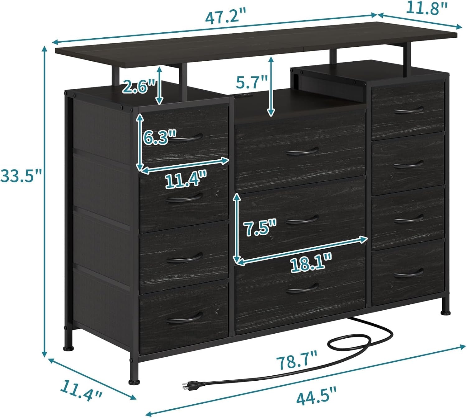 11 Drawers Dresser with Fabric Drawers,Charging Station, LED Lights and Shelves for Bedroom, Living Room, Hallway, Nursery Storage Organization (Black Wood Veins)