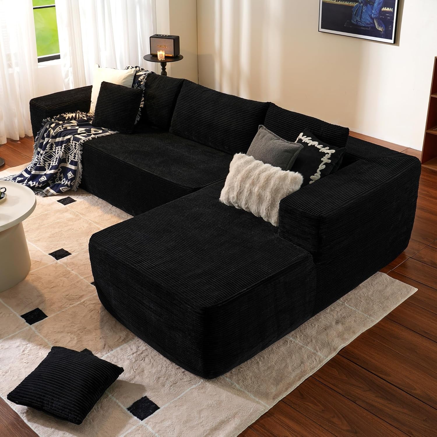 104" Cloud Sectionl Couch with L-Shpe Chise,Modern Modulr Sof with Deep Set, Upholstered Couches for Living Room Bedroom,No ssembly Required, Blck (Corduroy Fbric)